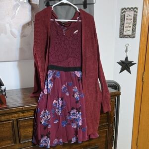 Xhilaration Burgundy Floral Dress with Cardigan L